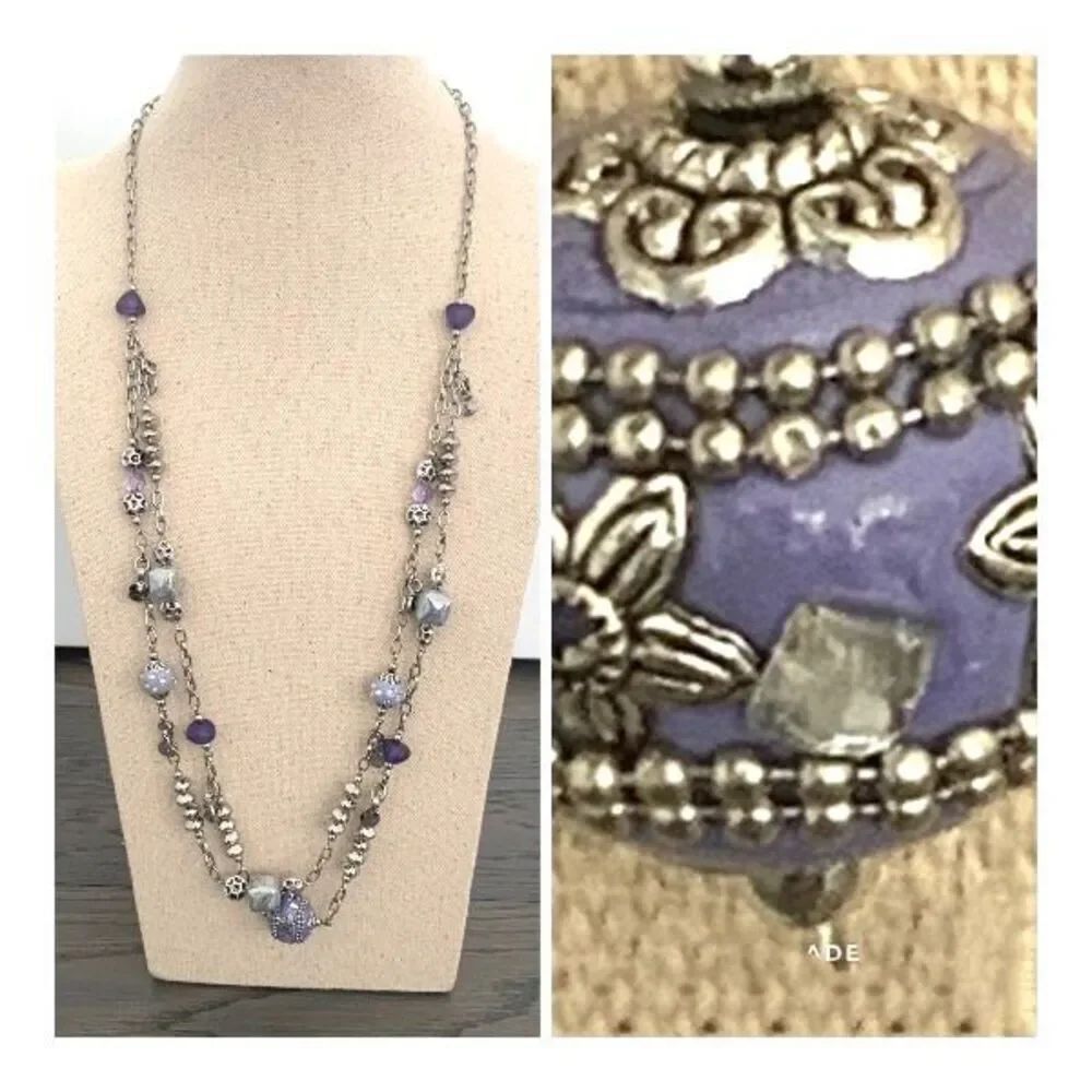 Chicoās OrnateāPurple Bead Silver Tone Long Necklace